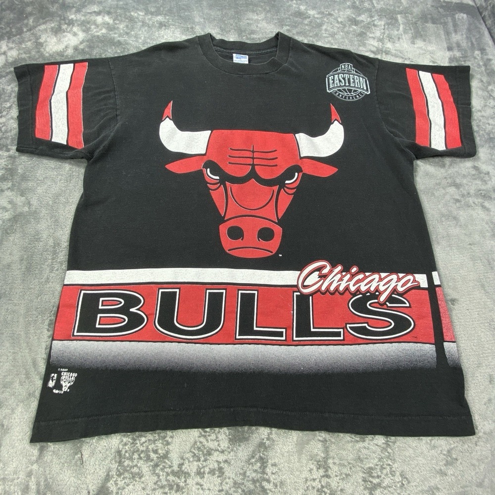 Vintage 90s Chicago Bulls Salem Sportswear AOP T Shirt Large Black‎ Cotton USA